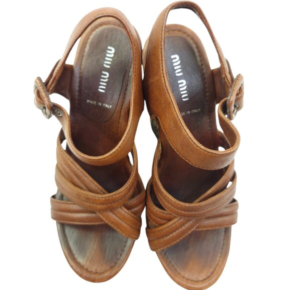 Miu Miu Women's Brown & Gold Jacquard Fabric & Leather Platform Wedge Sandals - Picture 2 of 11